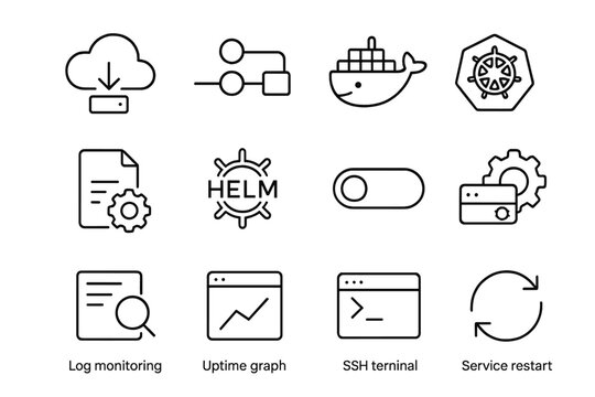 Technology icons for cloud, containers, and system monitoring