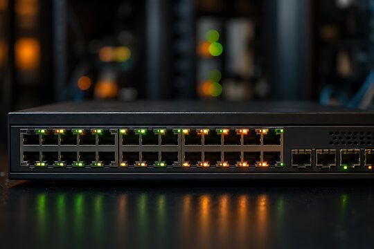 network switch with illuminated ports lights ethernet technology server