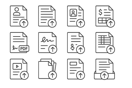 Document upload icons with various formats and content types