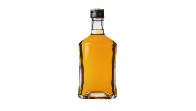 Clear glass bottle with amber liquid and black cap