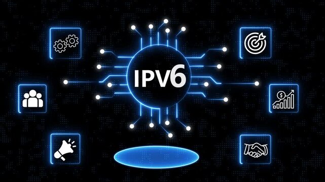 IPV6 Management Business Network Animation with Connected Icons and Glowing Central Circle in 4K Digital Analytics Network with Business Strategy Icons Motion Background.