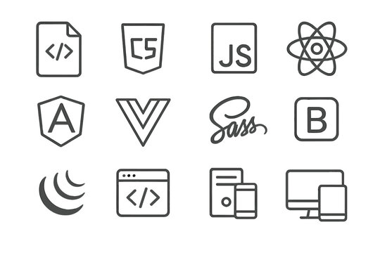 Programming languages and frameworks icons on dark background