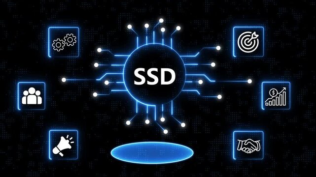 SSD Management Business Network Animation with Connected Icons and Glowing Central Circle in 4K Digital Analytics Network with Business Strategy Icons Motion Background.
