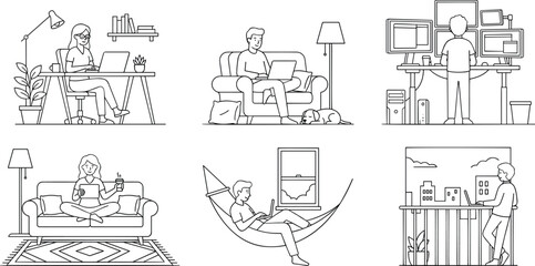 Obraz premium Set of people working from home in various relaxing locations and professional setups line art vector illustration.