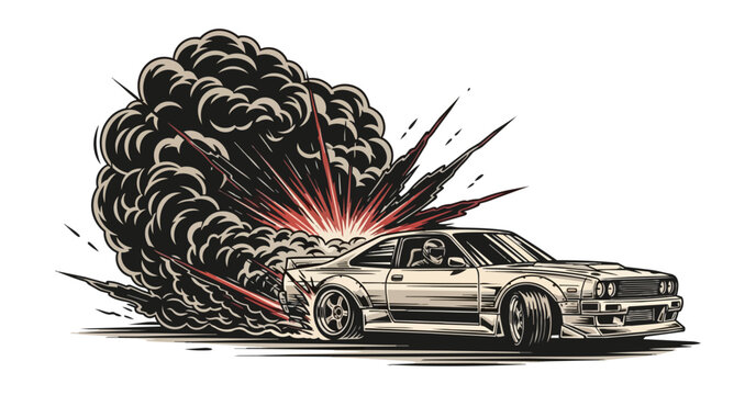 Vintage car exploding graphic illustration concept
