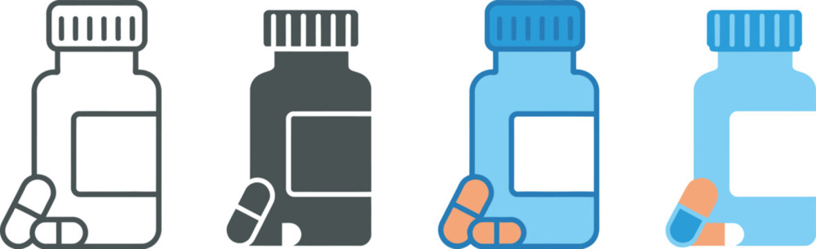 Medicine bottle icon set with medicine bottle and capsule symbols isolated vector pack for pharmacies, hospitals, prescription management systems and healthcare communication materials.