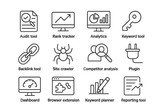 Digital seo tools icons: audit, analytics, keywords, backlink, competitor analysis