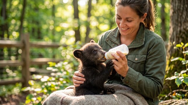 Woman wildlife rescuer feeding orphaned bear cub with milk bottle in forest. Environmentalist caring for wild animal. Conservationist work, wildlife rehabilitation and nature protection