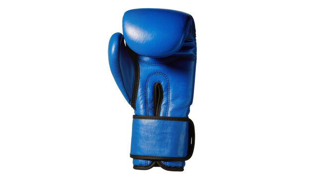 Blue leather boxing glove with black trim and velcro strap