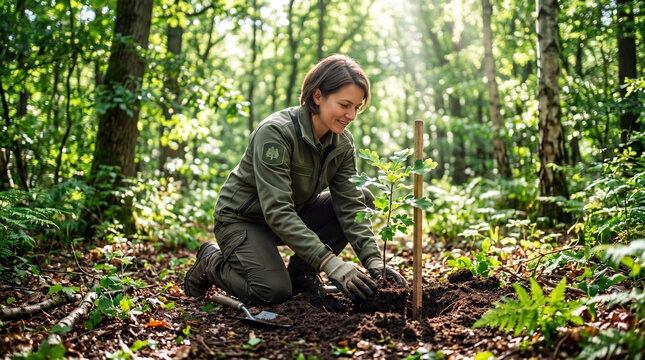 Woman forester planting a young oak sapling in the forest. Environmental restoration and reforestation project. Ecological conservation effort for sustainable nature and climate change