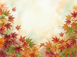 Fototapeta premium Watercolor autumn leaves in red, orange, and gold tones frame a soft, neutral center space. Ideal for fall seasonal designs, greeting cards, and backgrounds.