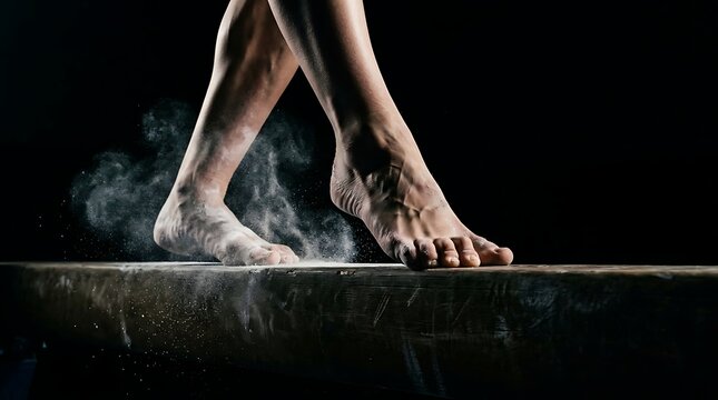 Closeup of a gymnasts feet balancing on a wooden balance beam with chalk dust in the air