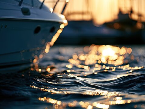 Close-up of a sleek boat cutting through shimmering golden water at sunset