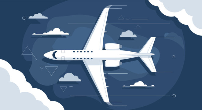 White private jet airplane flying through blue sky and clouds depicted from an aerial perspective for travel concepts.