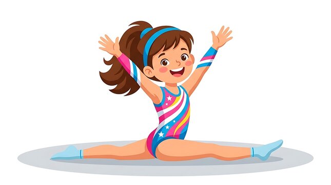 Happy little girl gymnast doing a split isolated on white background