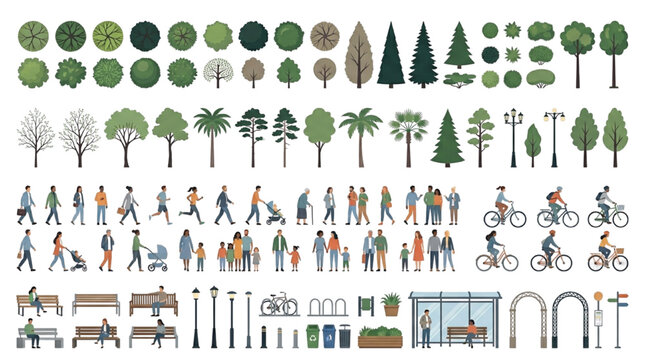 Flat vector collection of landscape architecture master plan entourage elements with urban park trees people and benches
