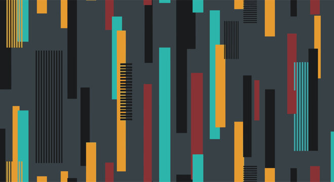Modern abstract pattern shows vertical rectangles in various sizes and colors like teal and mustard on a dark gray backdrop.