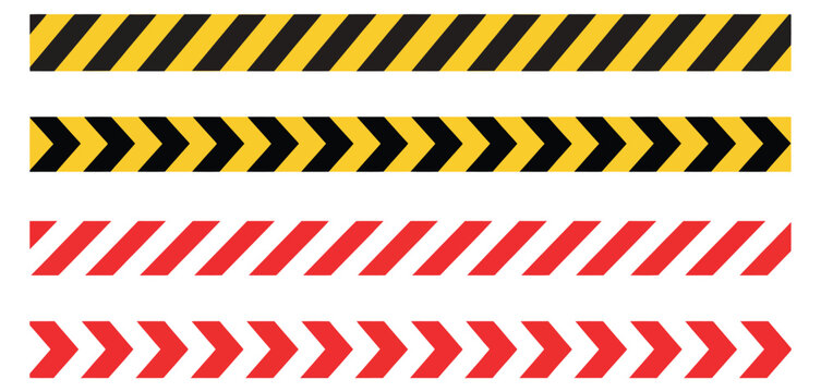 Barricade tape vector, caution warning stripes in red, white, black, and yellow diagonal seamless pattern illustration for construction site safety hazards, industrial warning design elements, hazard 