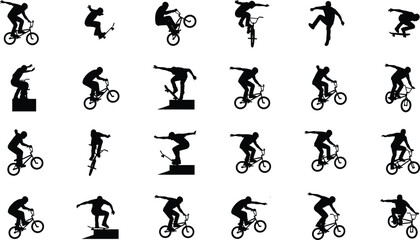 Extreme BMX and Skateboard Stunt Silhouette Collection with Urban Freestyle Sports Action Vector Set © Fahim's World