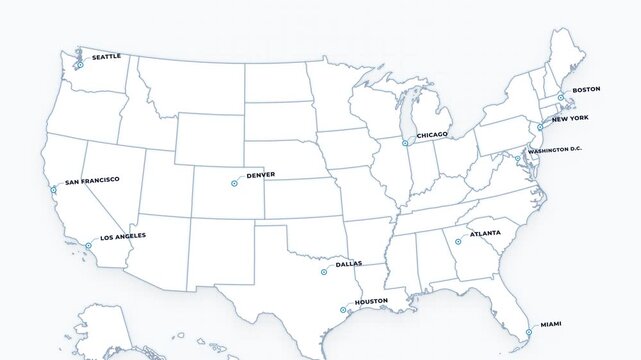 4K Corporate White United States Map Animation, 3D Clean Infographic Business Hubs Overlay