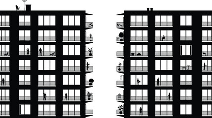 Residential Apartment Building Facade Silhouette with Balconies Windows and Urban Living Lifestyle Vector Illustration © Fahim's World
