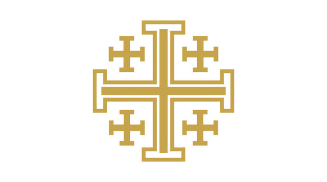 Golden Jerusalem Cross Symbol on White Background.