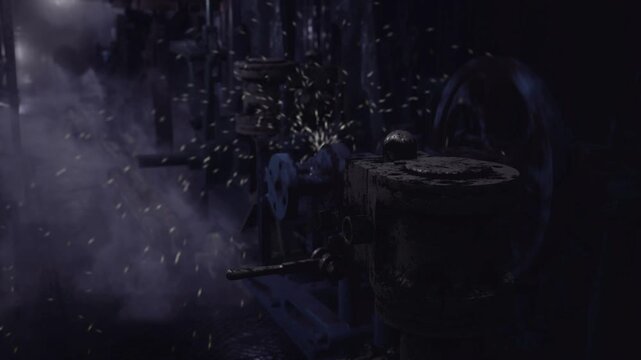 Dark steam filled engine room at night, valves and gauges glow under narrow beams, smoke drifting and sparks flickering, oil streaks on metal, condensation