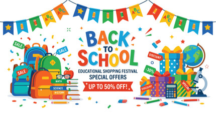 Naklejka premium Back to School Educational Shopping Festival Banner with School Supplies and Gift Boxes.