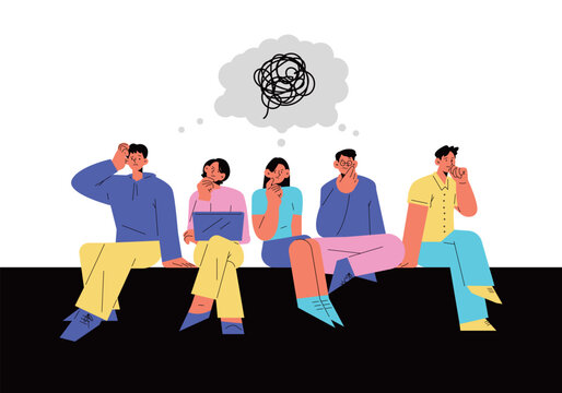 Cute cartoon characters overwhelmed with messy tangled thoughts and worries