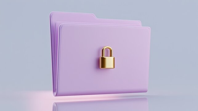 A 3D rendered pastel purple folder secured with a shiny gold padlock