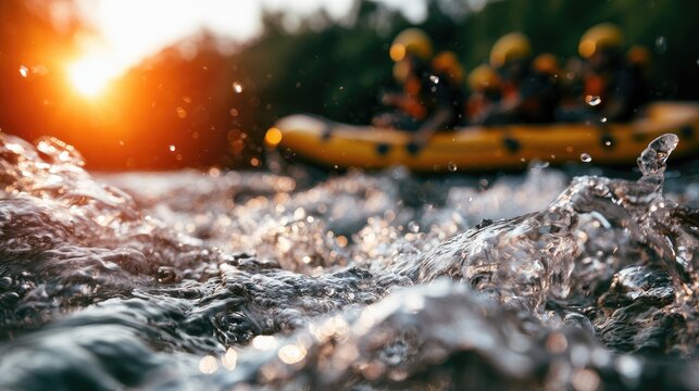 Sunlit river rapids rush past a raft with people wearing life vests