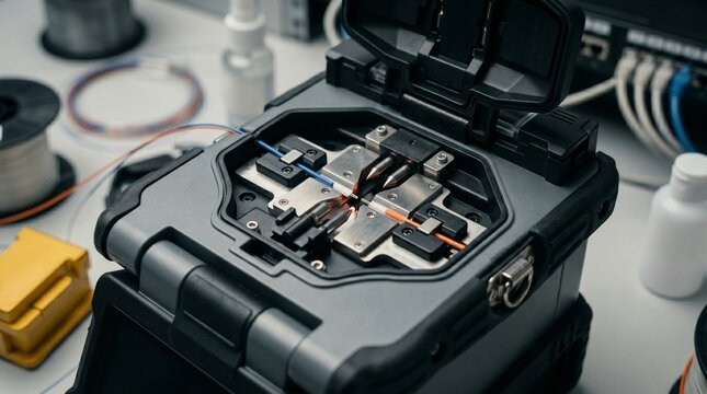 Glowing red arc inside an optical fiber fusion splicer joining blue and orange cables on a white desk, network engineering, telecommunications tech, precision work.