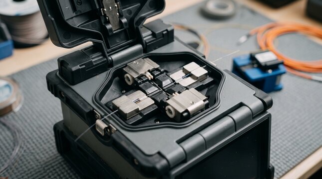 Optical fiber fusion splicer machine open on a workbench with tiny glass fibers aligned inside, network engineering, telecommunications tech, fiber splicing.
