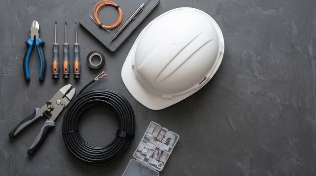 White safety helmet and arranged telecommunications tools on a dark desk. Network engineering, electrical maintenance, IT infrastructure.