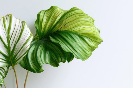 Lush green and white striped foliage unfurls against a soft, plain background