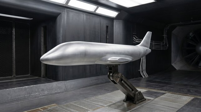 Smooth silver airplane scale model positioned on a mechanical testing stand inside a dark aerodynamic wind tunnel, aerospace engineering, aviation technology, industrial research.