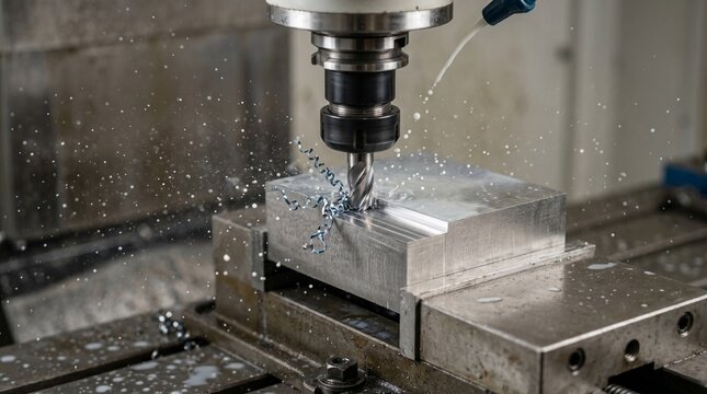 Close up of a CNC milling machine carving a metal block with flying curly chips and coolant, industrial manufacturing, precision mechanical engineering.