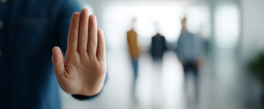 Hand gesture signaling stop with blurred people