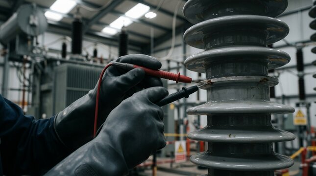 Electrician wearing heavy black rubber gloves testing a grey high voltage ceramic insulator with multimeter probes, industrial power engineering, electrical safety.