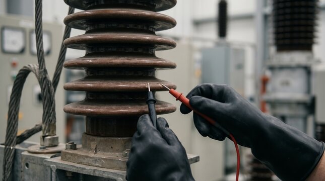 Worker wearing black protective gloves testing a brown ceramic high voltage insulator with a multimeter, electrical engineering, industrial power safety.