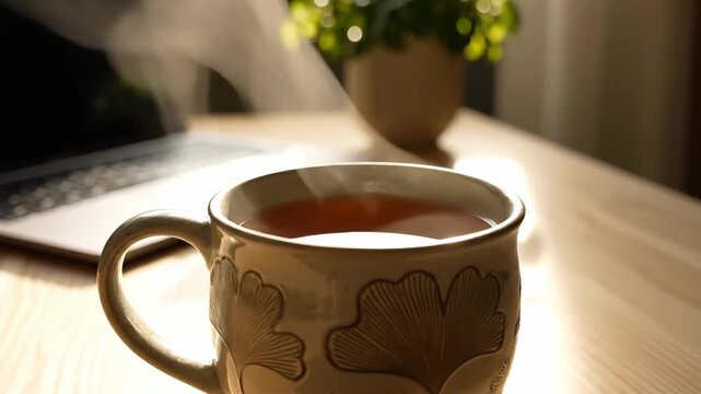 Steaming cup of tea in patterned ceramic mug on wooden desk. Computer and plant in background, soft morning sunlight, cozy atmosphere for work or study.