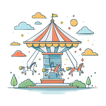 Flat design carousel with horses and clouds