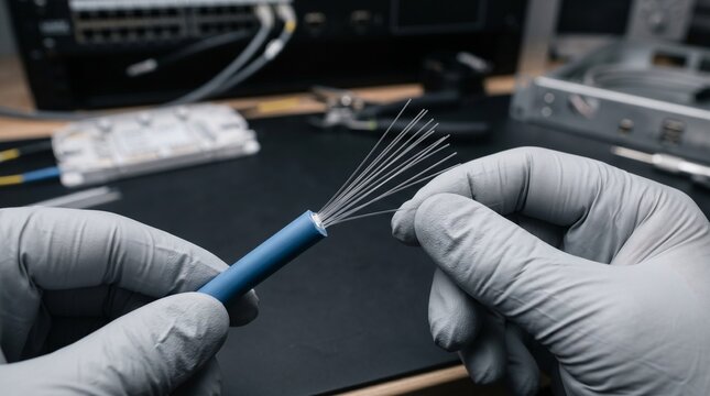 Two hands wearing protective grey gloves separating delicate glass threads of a blue fiber optic cable, network engineering, telecommunications tech.
