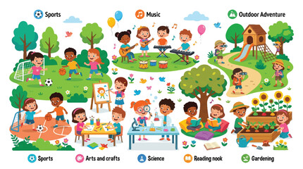 Obraz premium Group of diverse children and adults enjoying outdoor activities and leisure in a sunny park.