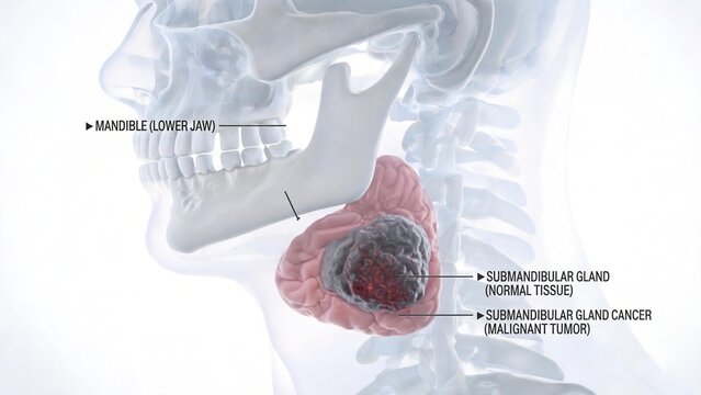 Labeled 3D Medical Anatomy Diagram of Submandibular Gland Cancer Showing Malignant Tumor Growth Near Human Lower Jaw Mandible and Cervical Skeleton