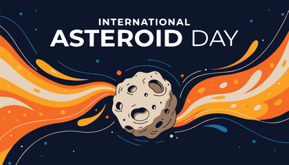 Illustration of a cratered asteroid flying through deep dark space © vectyx2