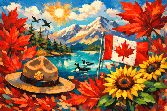 Vibrant Canadian autumn landscape featuring a park ranger hat, Canadian flag, loons on a lake, and majestic mountains under a sunny sky.