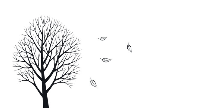 Silhouette of a leafless tree stands in late autumn with several small leaves blowing away in the wind on a white background.