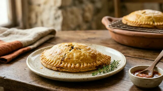 flaky jamaican beef turnover savory snack food styling close view video