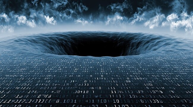 Dark digital vortex pulls data streams into abyss under stormy sky